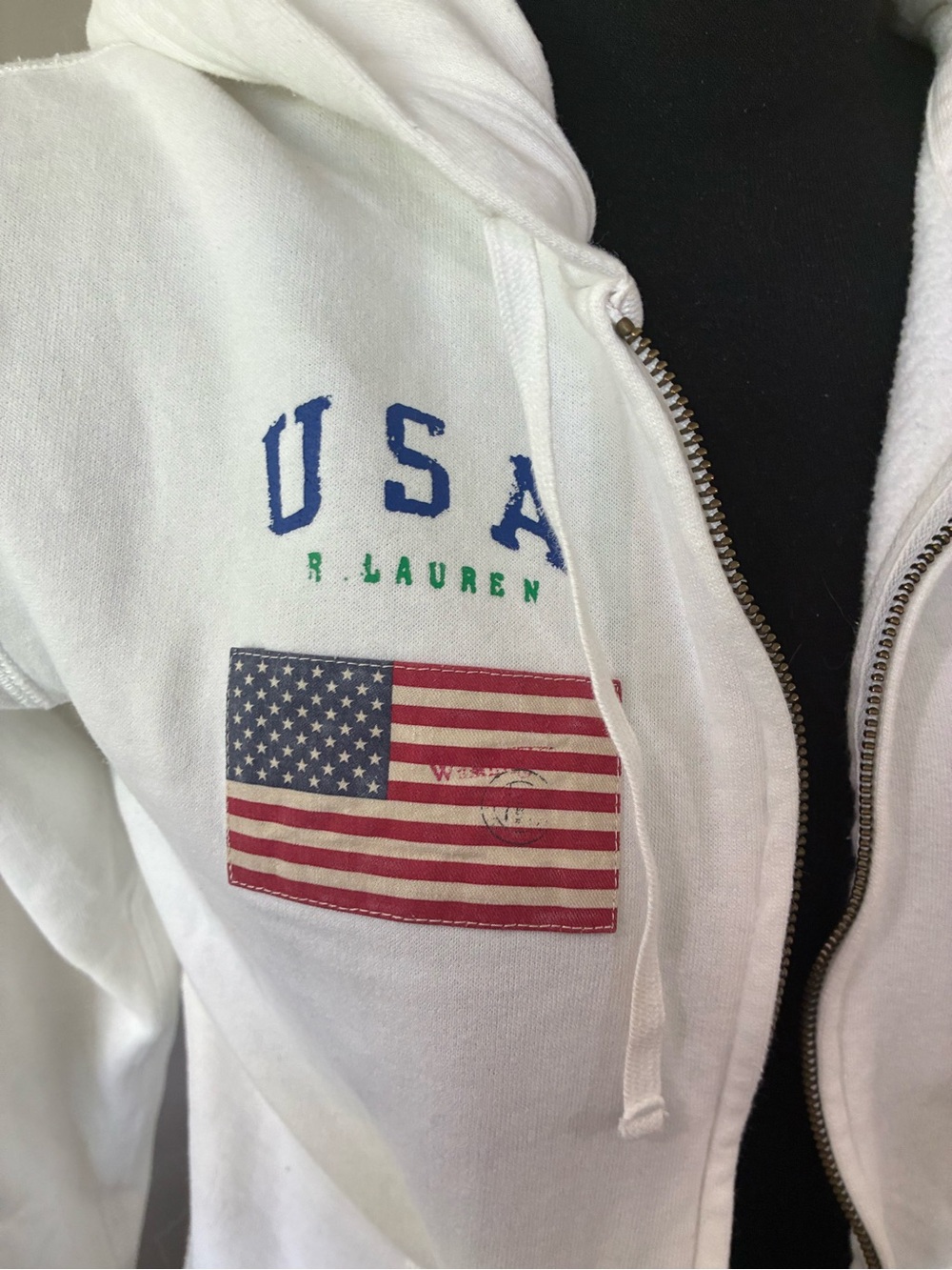 Ralph Lauren women’s M white Zip-Up Hoodie with USA Flag Navy Polo Logo Big Pony - Picture 2 of 7
